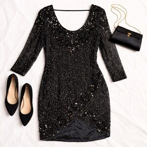 Vintage Black Silk Beaded Cocktail Dress Size 14 | 90s Glam Sequin Evening Party